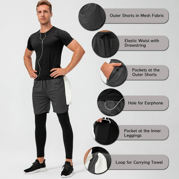 Men Sport Pants with Pockets 2-in-1 Liner Leggings Athletic Shorts Workout  Sportwear 