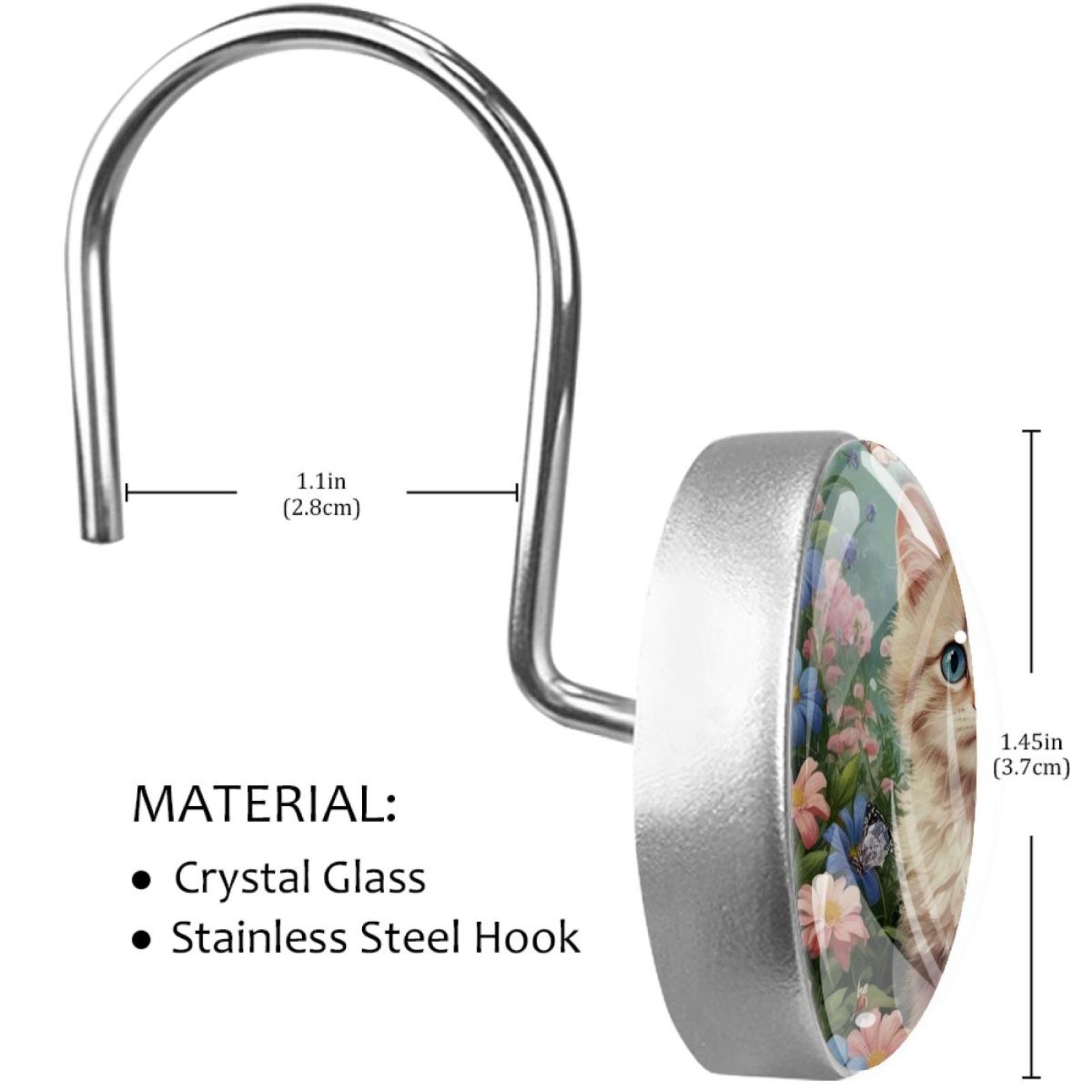 HemaKayy 12 Pcs Shower Curtain Hooks Bathroom Decorative Accessories Flower Curly Haired Cat
