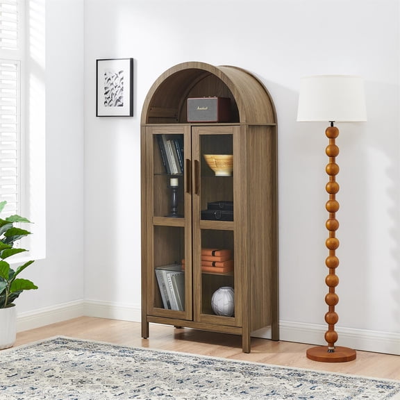 Demi Bonn 67" High Arched Display Cabinet with Lamp, Adjustable Glass Partitions, Storage Cabinets for Living Room, Kitchens, Brown