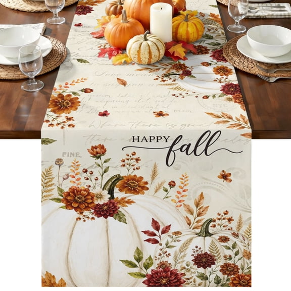White Pumpkins Fall Table Runner 60 Inches Long, Thanksgiving Floral Botanical Beige Table Runners Dresser Scarf, Kitchen Dining Tables Decoration for Holiday Party Wedding Home Decor, 13"x60"