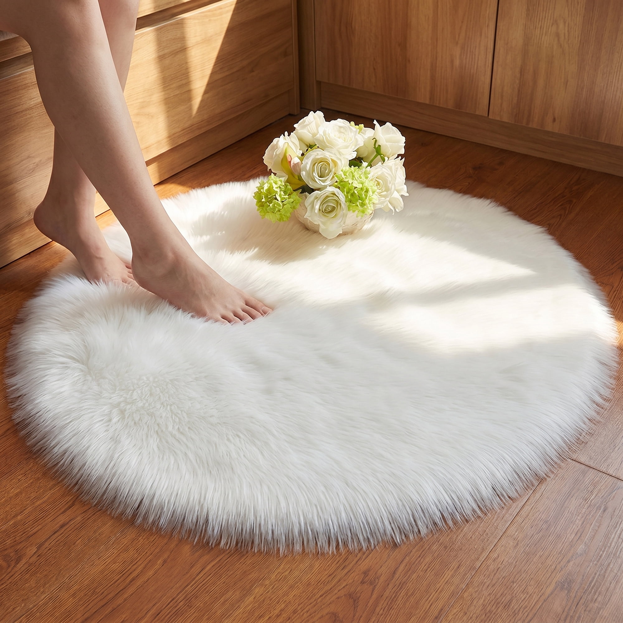 Unique Bargains Shaggy Round Area Rug Fluffy Non-Slip Fuzzy Carpet 28" x 28" White