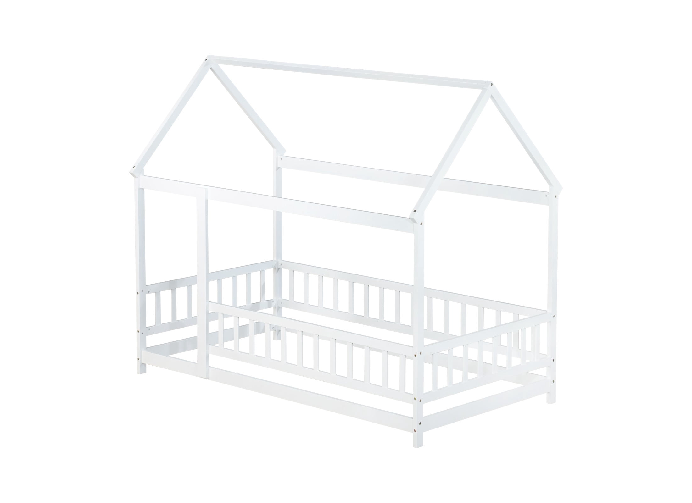 Aukfa Twin Size House Bed with Roof, Wood Floor Bed Frame with Fence for Kids Toddler, White