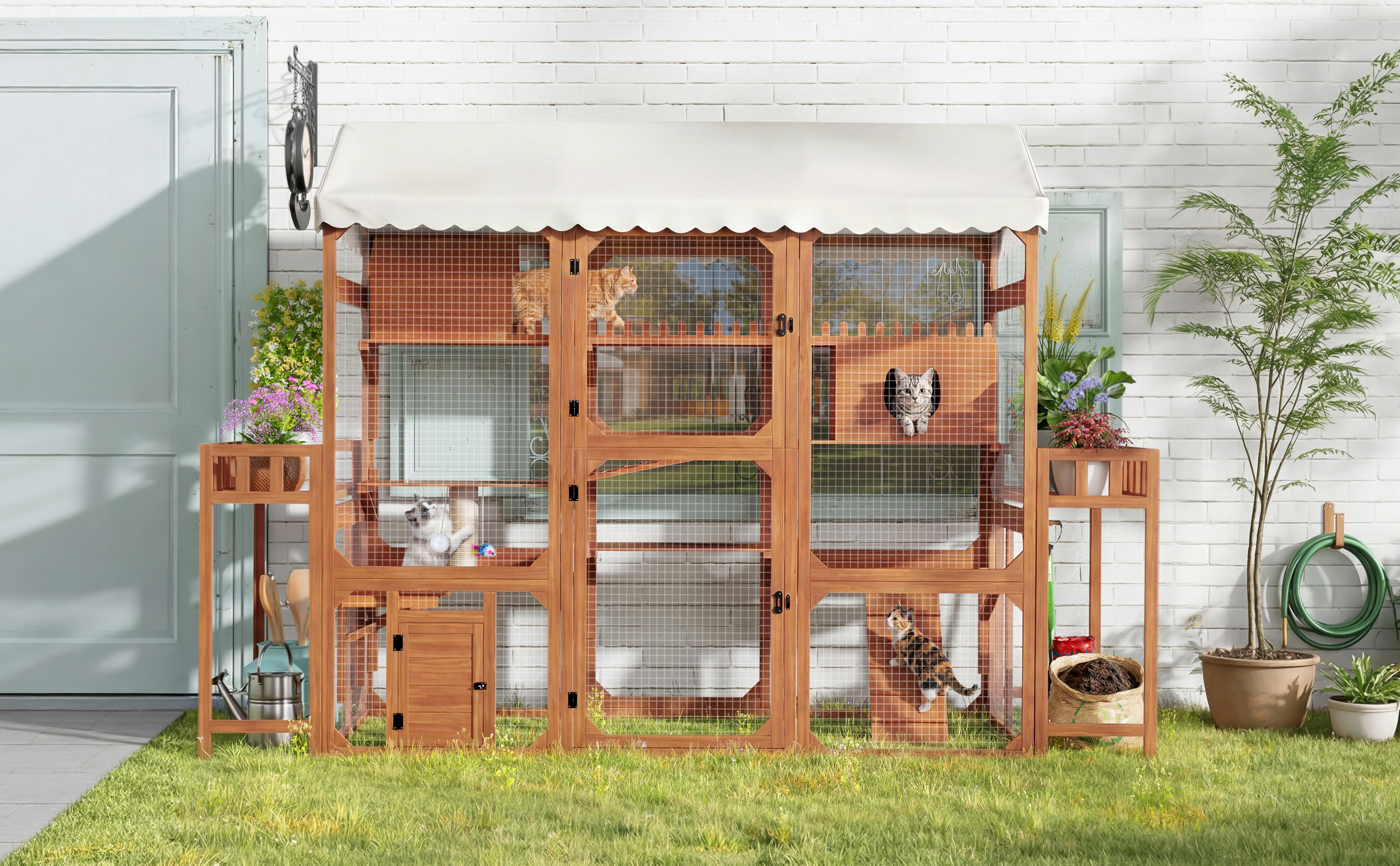 Large Outdoor Cat Enclosure Wooden Catio with 2 Plant Stands, Multi-Level Cat Playpen with Weather-Resistant Roof, Resting Box, Climbing Ramps & Wire Mesh for Backyard Patio, Brown