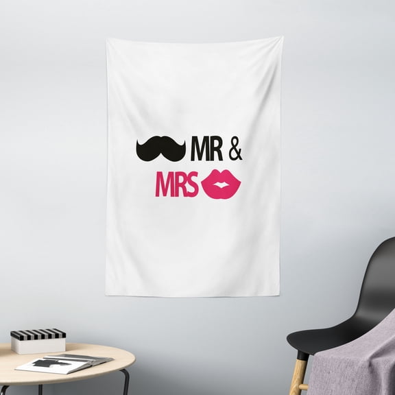 Wedding Tapestry, Funny Stencil Art Lips Moustache Mr and Mrs Retro Stylized Design Art Print, Wall Hanging for Bedroom Living Room Dorm Decor, 40W X 60L Inches, Black Pink White, by Ambesonne