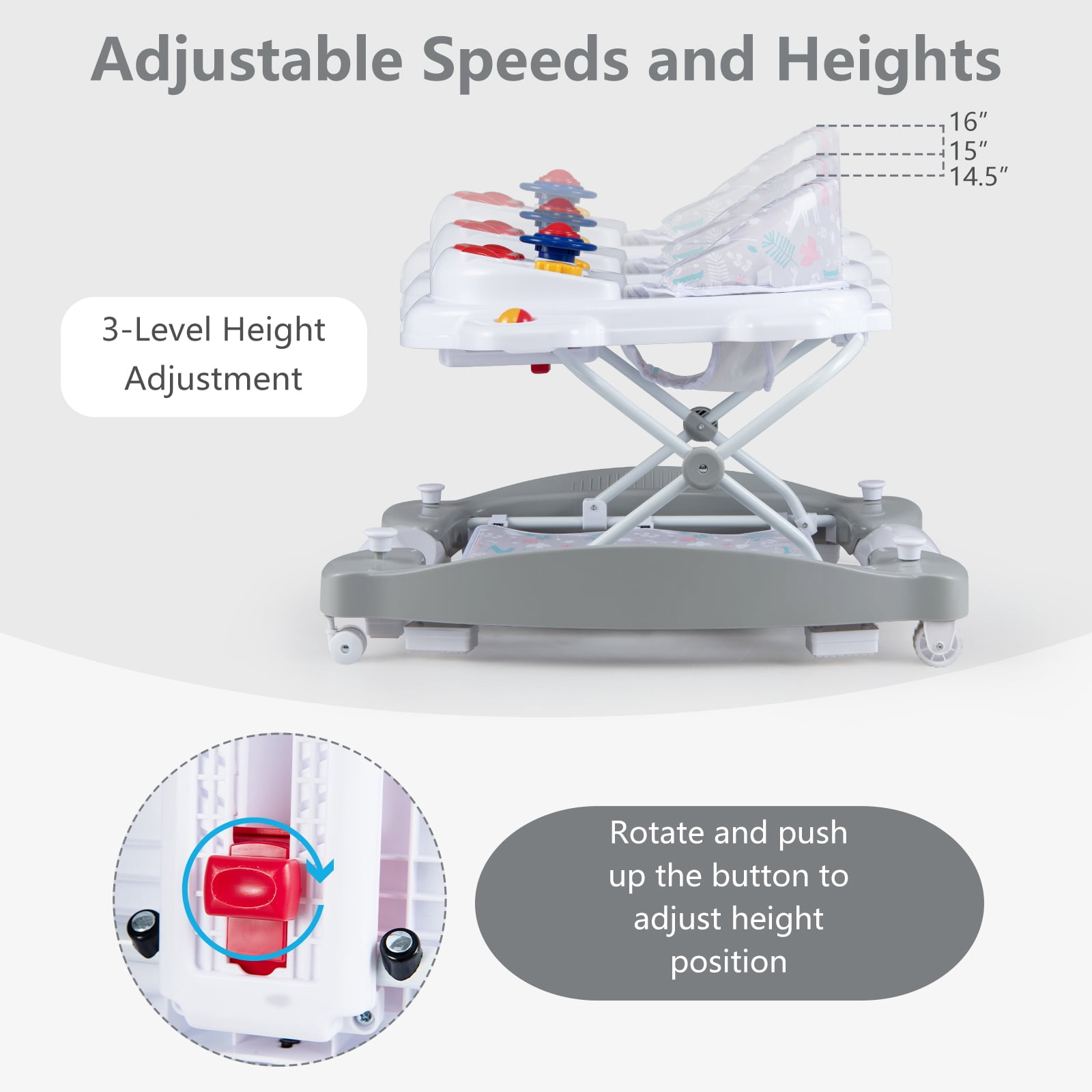 INFANS Baby Walker, 6 in 1 Behind Walker Learning Seated Rocker Bouncer with Removable Music Tray, Adjustable Height, Washable Seat Cushion, Foldable Activity Center for Toddlers