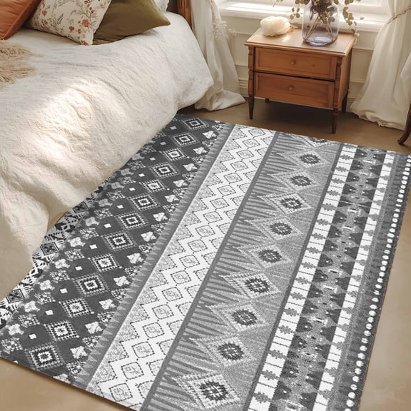 Area Rug for Living Room, Grey White Boho Non-Slip Indoor Large Carpet for Bedroom/Dining Room, Vintage Ethnic Tribe Abstract Art Washable Low-Profile Rectangle Floor Mat Runner Rugs - 2.7 x 5 Ft