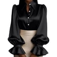 thumbnail image 3 of Women's Solid Color Satin Shirt, Puff Sleeve Turn-Down Collar Button Down Blouse, Elegant Office Work Blouse and Casual Date Night Top for Women Black L, 3 of 5