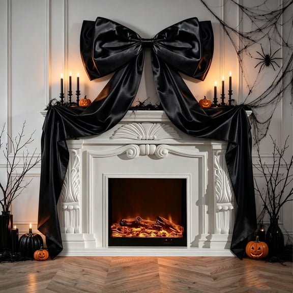 QuanTara Large Black Halloween Bow Decoration, 94.49*35.43" Gothic Velvet Bow Pendant, Spooky Halloween Mantel Decor, Witchy Party Backdrop Prop for Fireplace, Window, Porch & Doorway