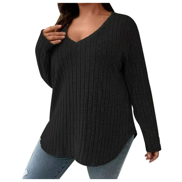 GDREDA Chandails Grande Taille pour Femmes Rondes, Hauts Décontractés d'Automne pour Sortir avec Col en V et Manches Longues Noir,XXXXXL