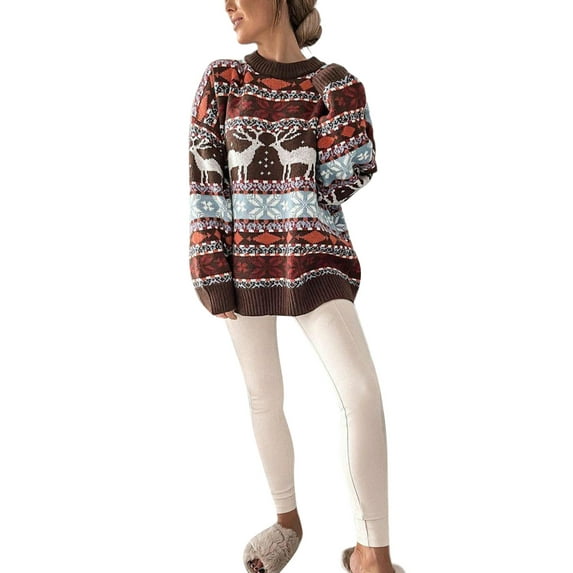 Sedceaty Women Christmas Sweater, Knitted Patchwork Crew Neck Long Sleeve Pullover Knitwear with Rib-Knit Hem for Ladies