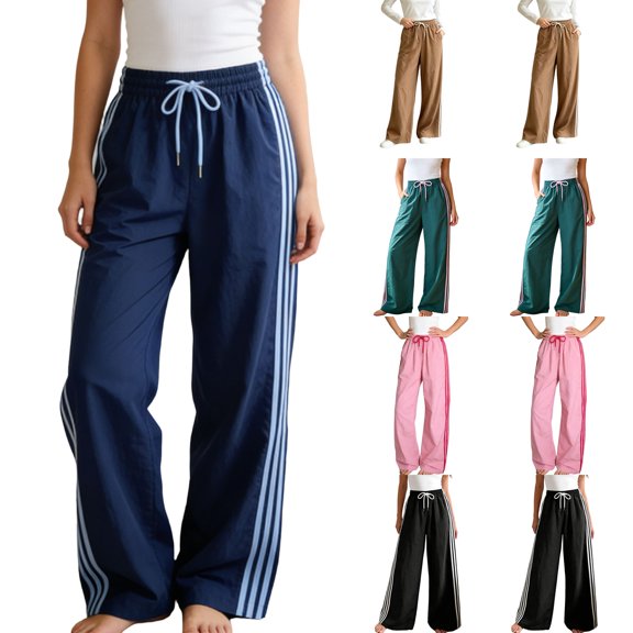 Lumtrix Women's Y2k Striped Side Baggy Pants Drawstring Elastic Waist Wide Leg Track Pants Streetwear Quick Dry Trousers Brown S