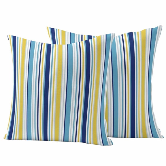 Blue Yellow Striped Outdoor Pillow Covers, Waterproof Decorative Throw Pillowcases Set of 2, Farmhouse Navy Blue Ombre Stripes Couch Cushion Cases with Zipper for Outside Patio Garden Sofa 20"x20"