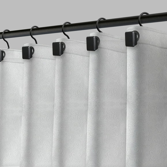 Cortina de baño Moorefield Flowers 183x183 cm con ojales negros, dobladillo magnetico y tacto suave, Blanco