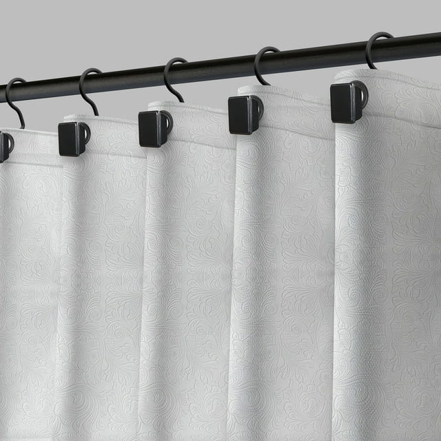 Cortina de baño Moorefield Flowers 183x183 cm con ojales negros, dobladillo magnetico y tacto suave, Blanco