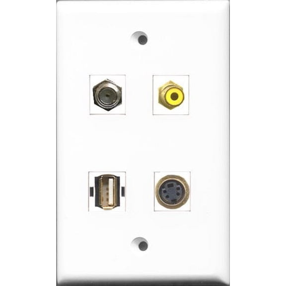 RiteAV 1 Port RCA Yellow and 1 Port Coax Cable TV- F-Type and 1 Port USB A-A and 1 Port S-Video Wall Plate