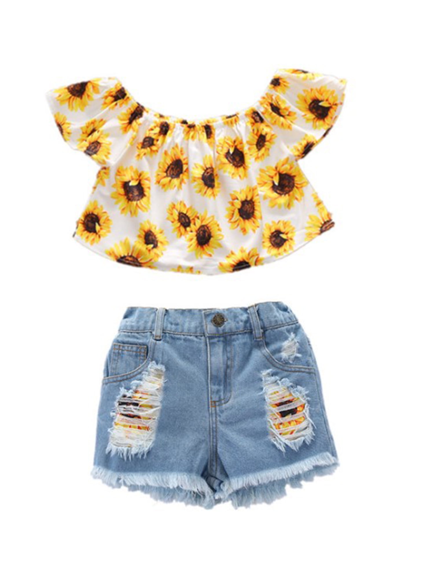 Toddler Girl Kid Fashion Off Shoulder Sunflowers Tops+Denim Pants Outfits Set