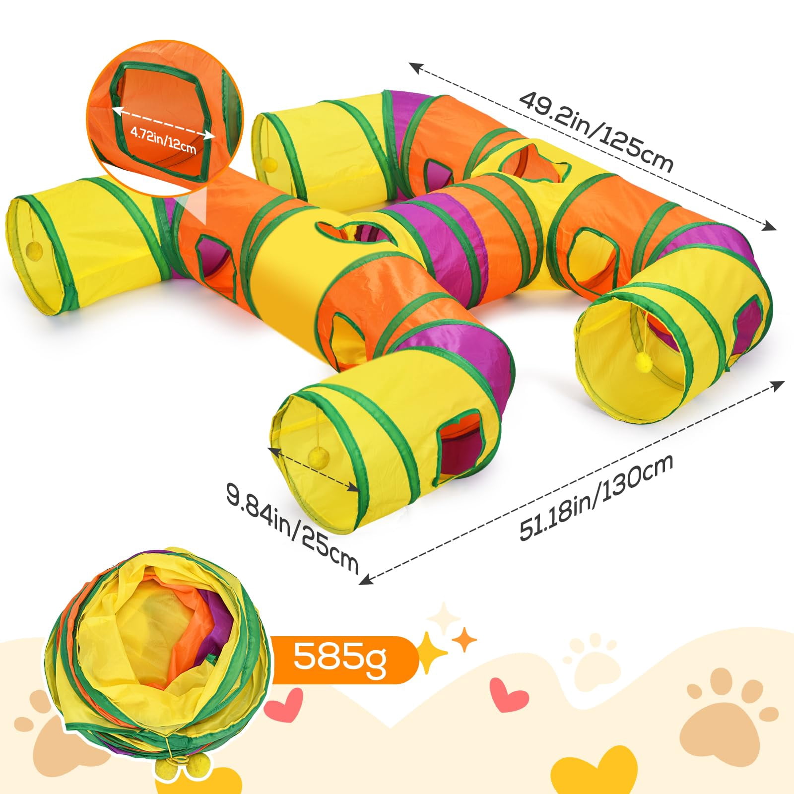Petizer H-4-Way Collapsible Cat Tunnel, Tear-Resistant Interactive Pet Tube Toy with Dangling Ball for Indoor Cats, Kittens & Small Pets