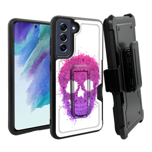 ANJ  Rugged Dual Layer Hybrid Holster Kickstand Case w/ Card Slot   Tempered Glass Cover for Samsung Galaxy S21 FE 5G - Pink Floral Skull