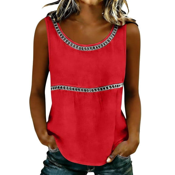 Sevevn Women's Sleeveless Lace Trim Tank Tops Round Neck Loose Fit Casual Summer Blouse Tunic Shirts Red L