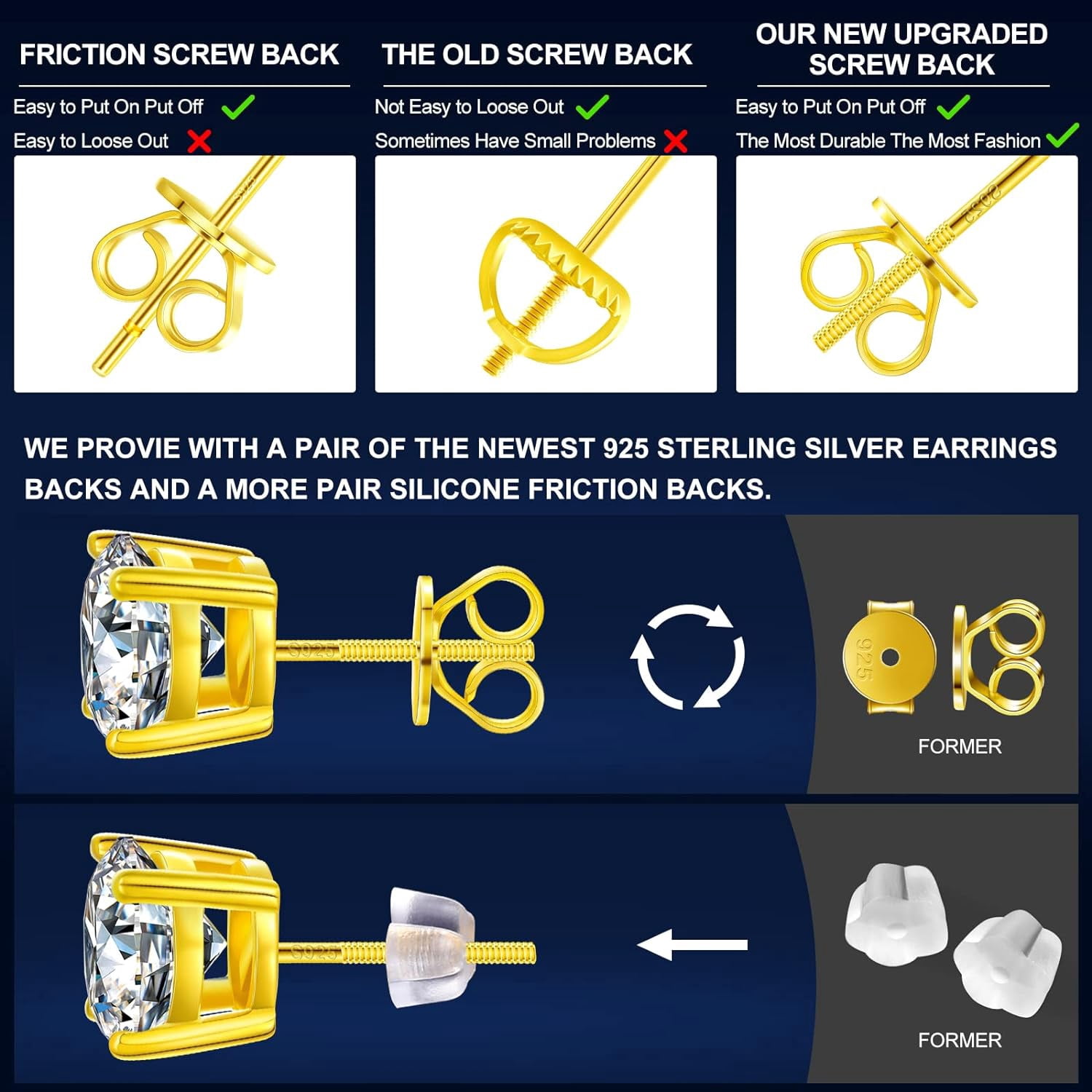 Moissanite Stud Earrings Screw Back 3-10mm 0.2ct-8.0ct 18K White Yellow Rose Gold Plated S925 Sterling Silver Round Cut D Color VVS1 Lab Created Moissanite Earrings for Women Men