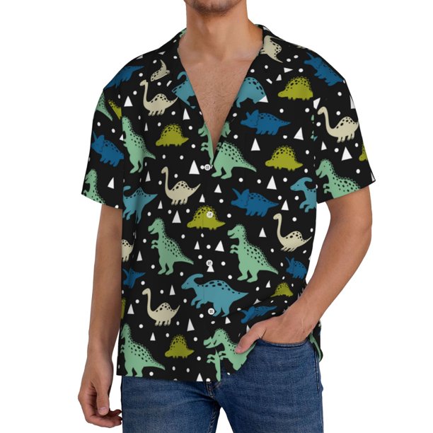 Fotbe Dinosaur Camisa Estampada de Manga Corta para Hombre, Casual de Verano, Estilo Playero, Sin Arrugas-Large