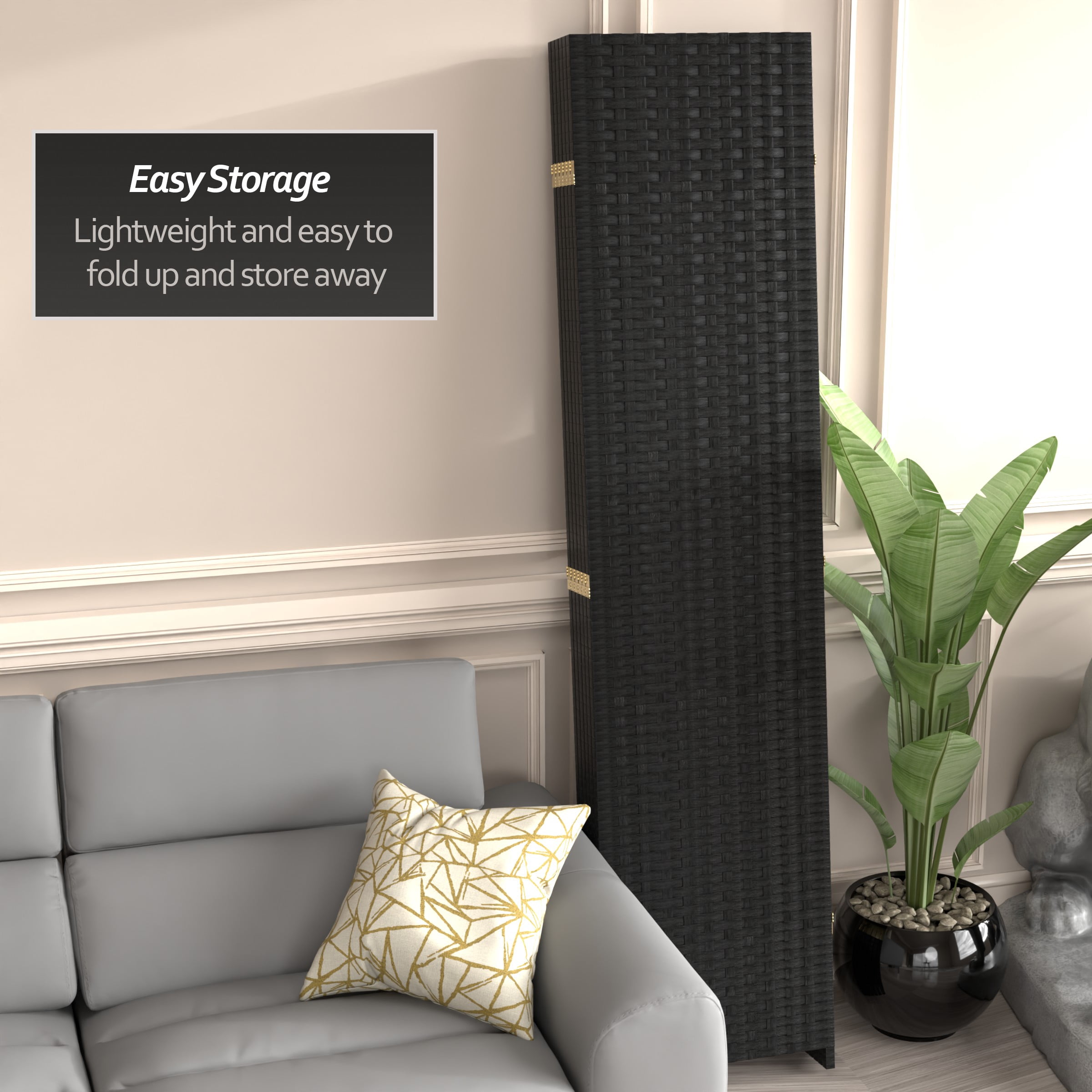 Red Lantern 7 ft. Tall Woven Fiber Folding Screen - Black - 6 Panel