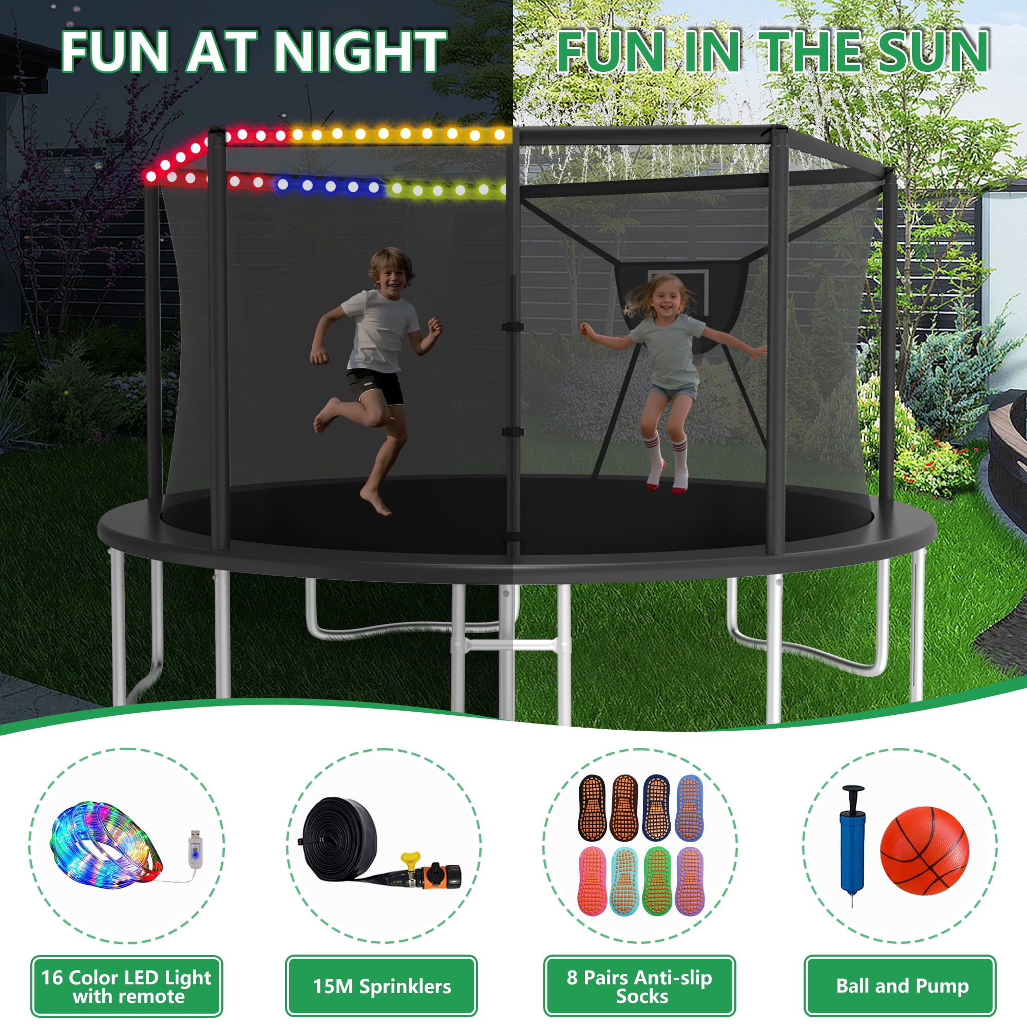LHX Trampoline with Basketball Hoop 14FT 1400LBS Outdoor Trampolines for Kids Adults Backyard Heavy Duty Round Trampoline with Safety Enclosure Net, Lights, Sprinklers, Socks, No Gap Design