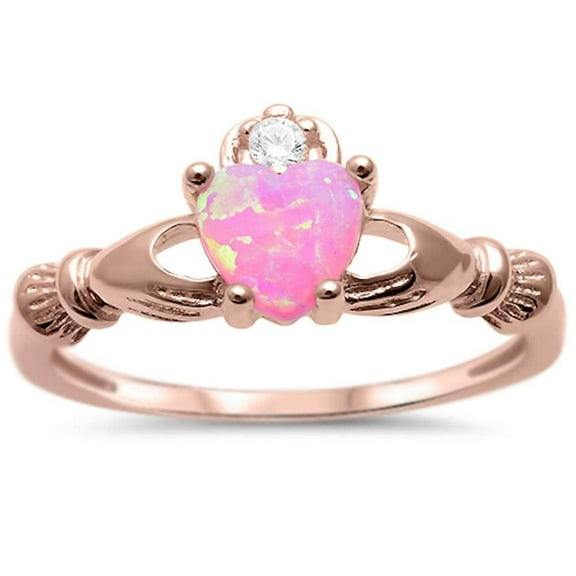 Rose Gold-Tone Sterling Silver Pink Synthetic Opal CZ Claddagh Ring Size 8