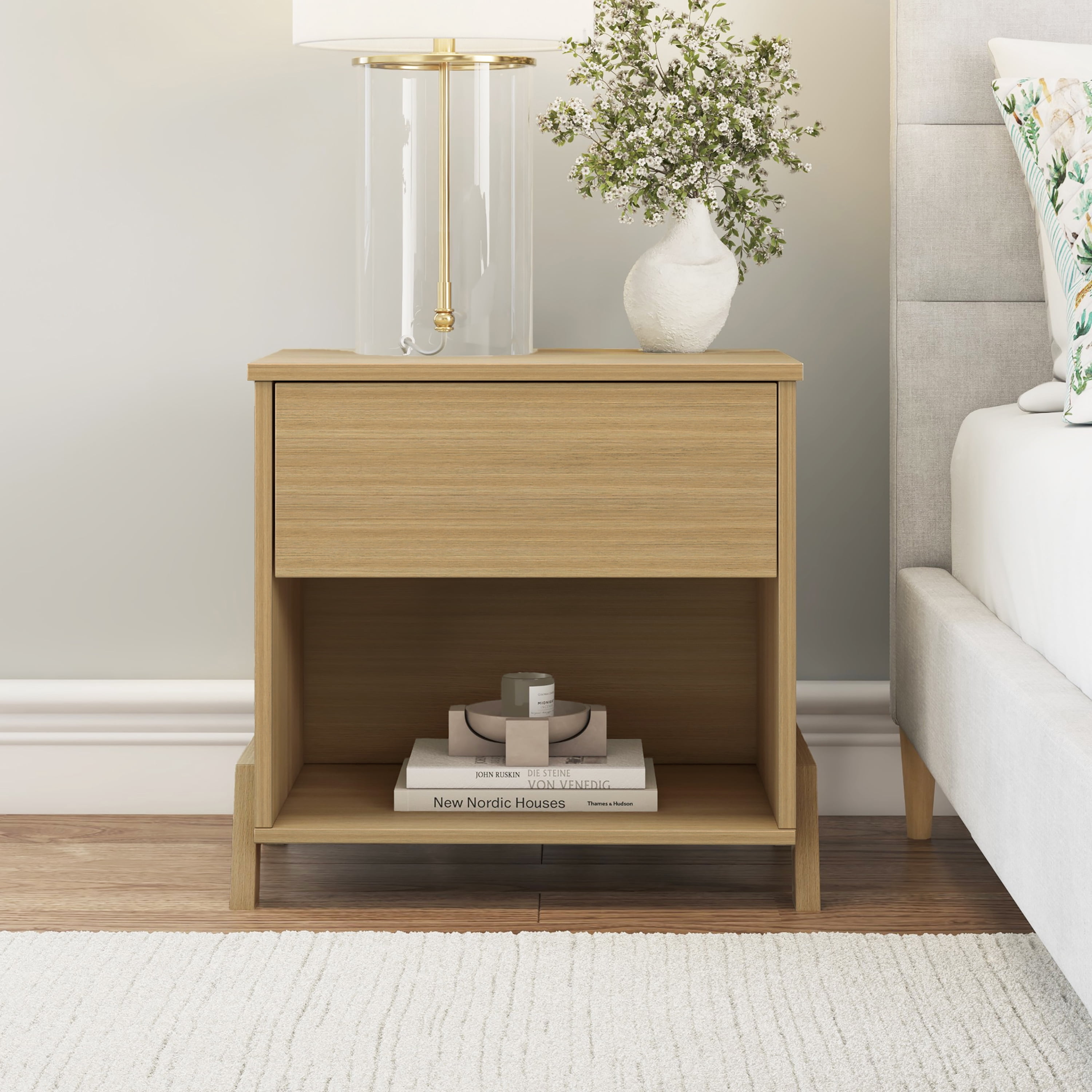 (2 pack) Mainstays Modern 1 Drawer Nightstand, Natural Teak