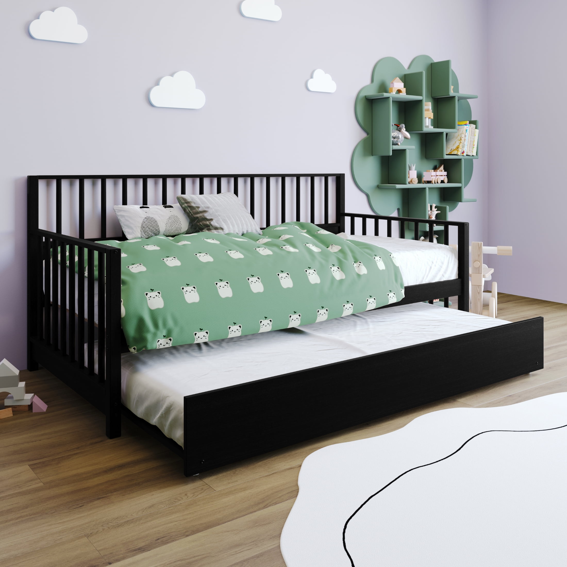 Castle Place Vintage Wood Twin Daybed with Trundle, Black