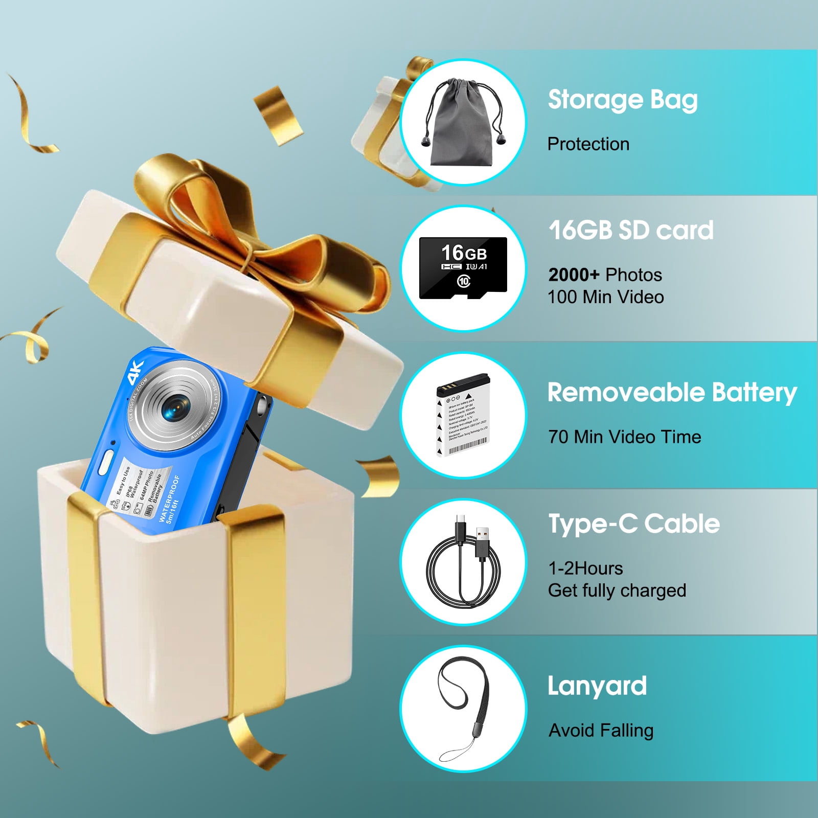 SEREE Waterproof Camera 4K UHD 64MP 16X Digital Zoom Compact Digital Underwater Camera with 16GB Card