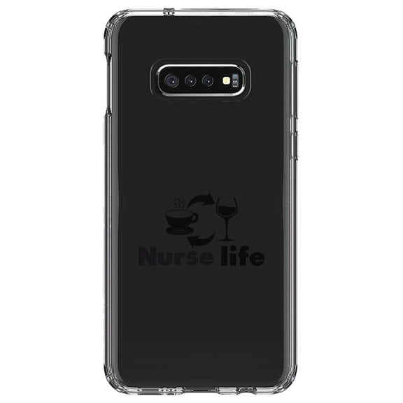 DistinctInk Clear Shockproof Hybrid Case for Samsung Galaxy S10e (5.8" Screen) - TPU Bumper Acrylic Back Tempered Glass Screen Protector - Nurse Life - Coffee, Wine, Repeat