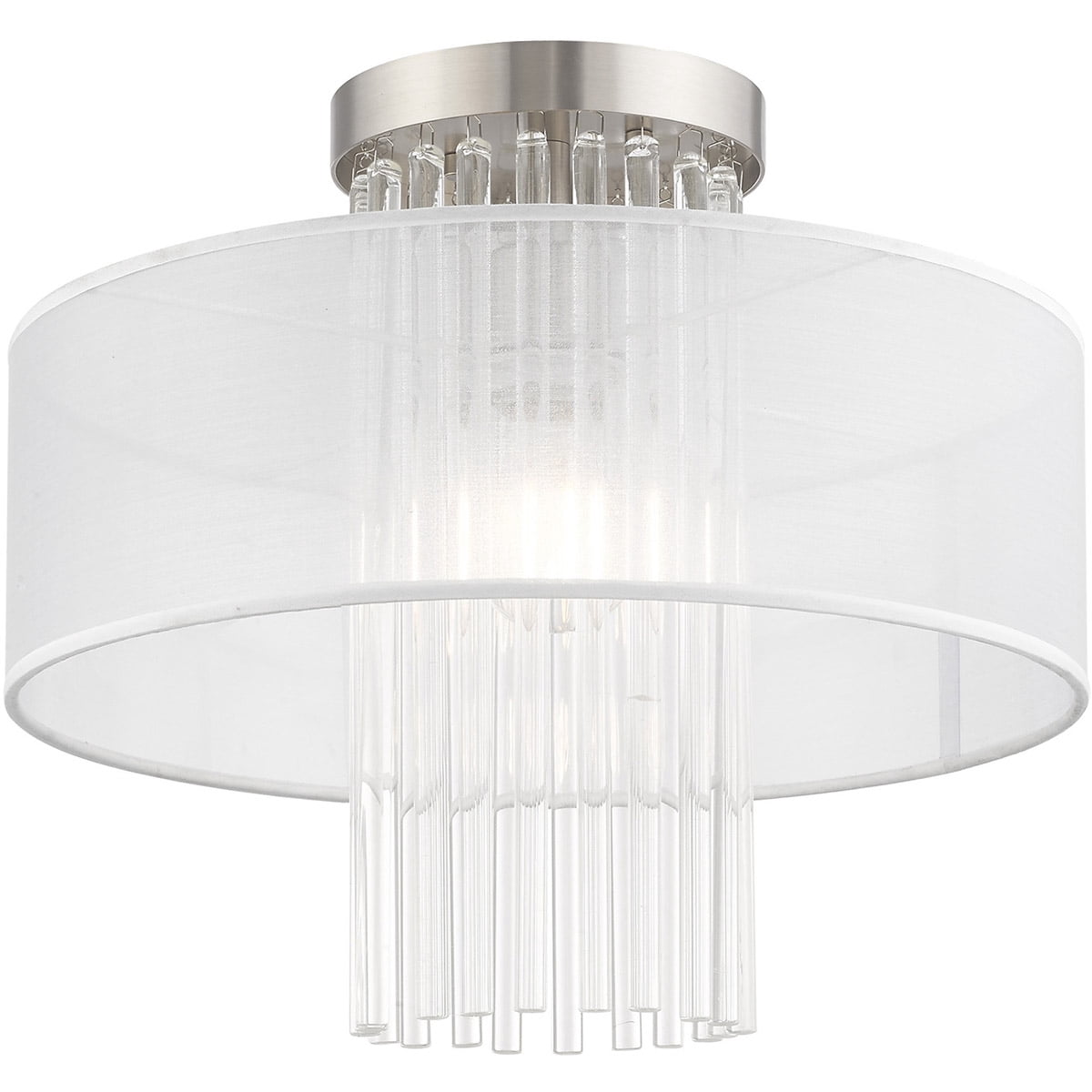 1 Light Brushed Nickel Ceiling Light fixture with Clear Crystal Rods/ Hand Crafted Translucent Fabric Shade