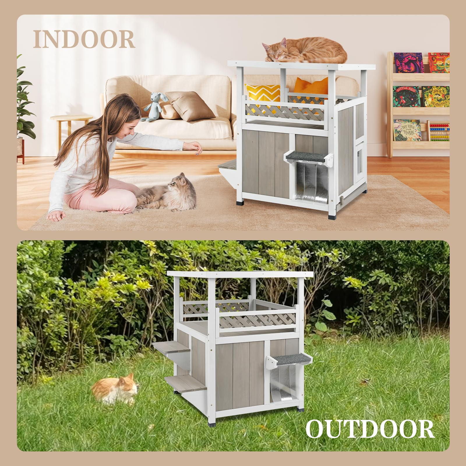 Gowoodhut Two Story Cat House Outdoor Weatherproof, Wooden Outside Feral Cat Shelter with Large Balcony, Escape Doors, Easy Installation