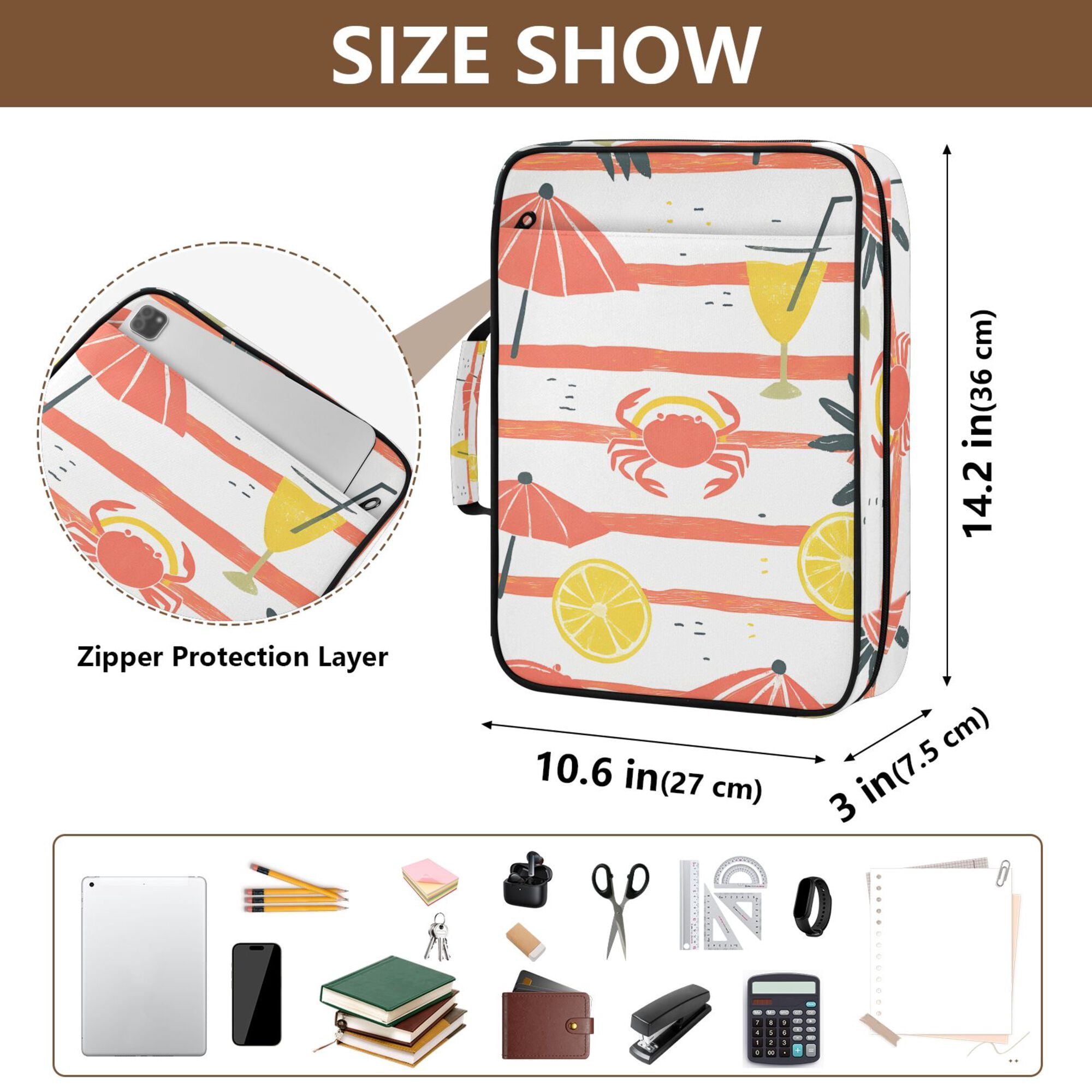 FORMRS Accordion File Folder A4 Size 7-Pocket Expanding Document Organizer Bag with 3 Ring Binder, Striped Crab