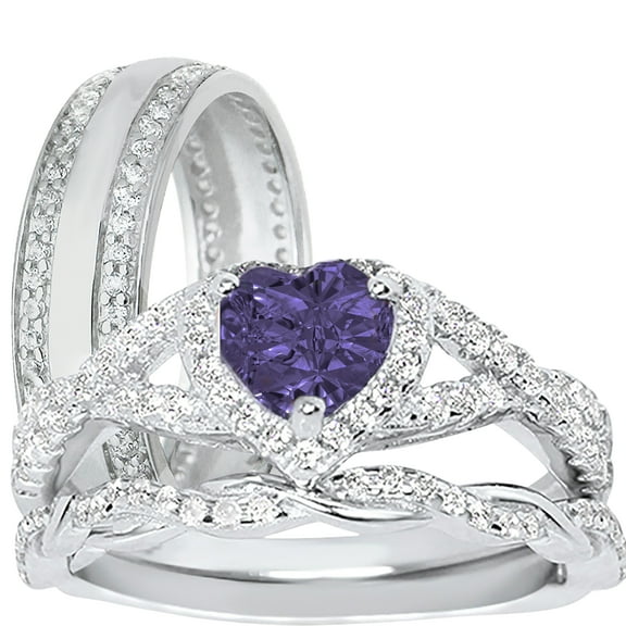 LaRaso & Co His Hers Wedding Ring Set Couples Rings Purple Amethyst Black Silver Bride Groom 5/9