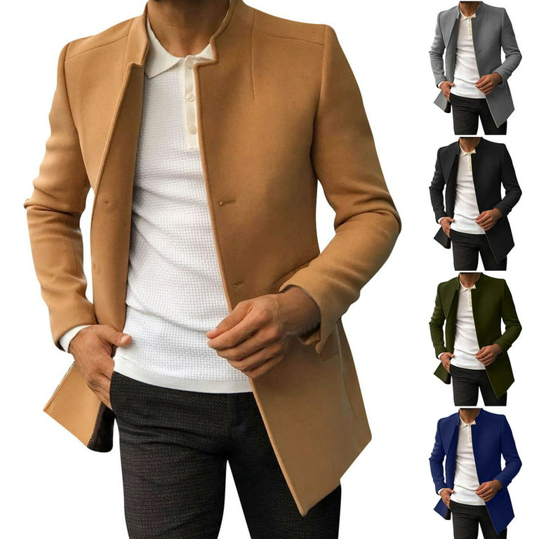 Jackets For Mens Autumn And Winter Casual Fashion Single Woolen Lined Mid  Length Coat Trench Coat Jacket Coat Yellow