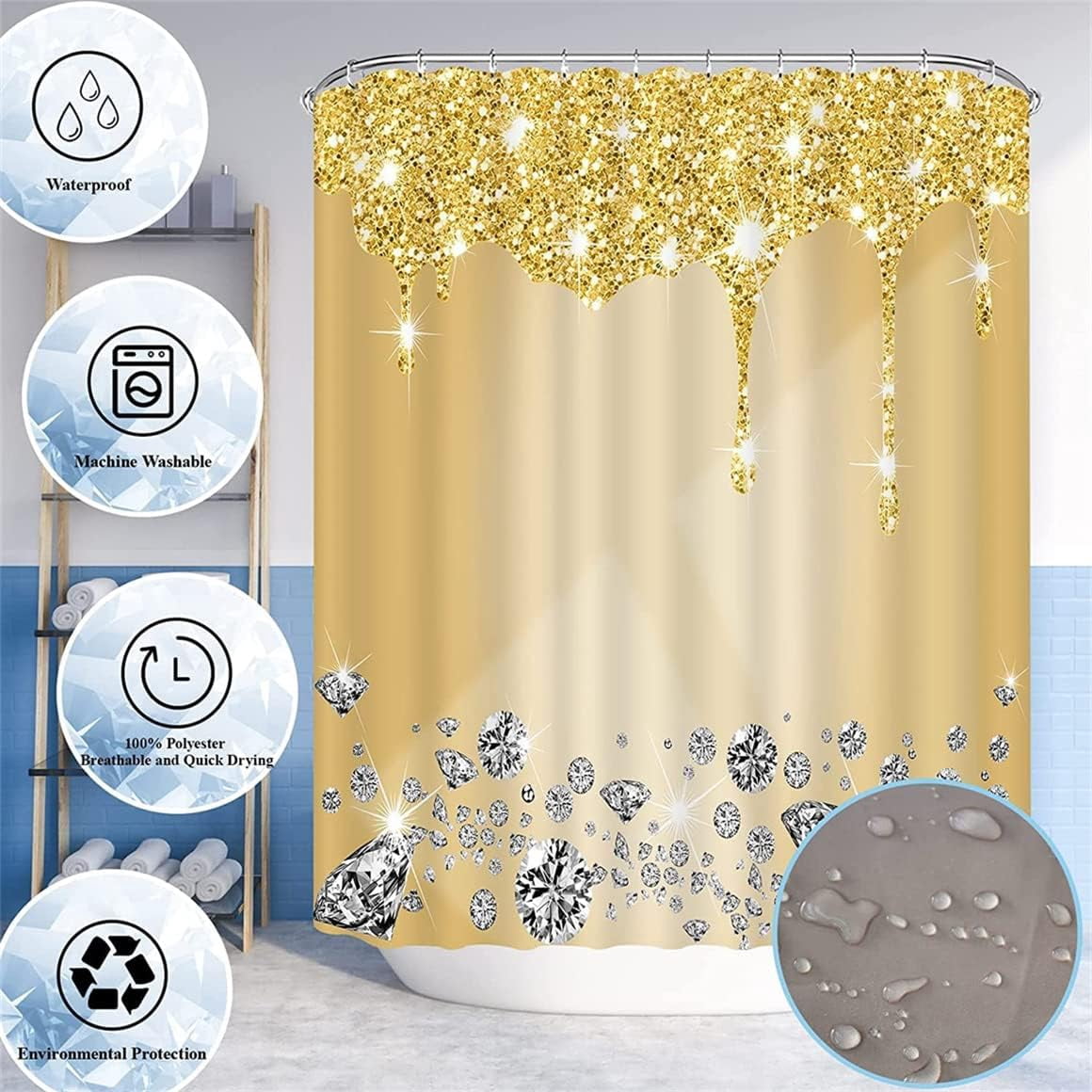 4PCS Bling Diamond Shower Curtain Set with Non-Slip Rugs Toilet Lid Cover and Bath Mat Shower Curtain with 12 Hooks Bathroom Sets with Shower Curtain and Rugs and Accessories