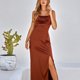 thumbnail image 2 of Vestido largo de mujer con tirantes finos, sin mangas, dobladillo dividido, sin espalda, ajustado, elegante vestido de verano marrón M, 2 of 8
