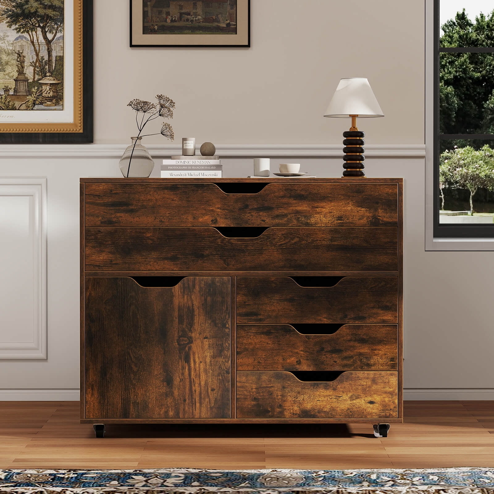 Costway 5-Drawer File Cabinet Mobile Chest of Drawers with Side Cabinet 5 Casters Brown