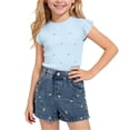 thumbnail image 2 of ITSAME Girls Summer Outfits 2-Piece Ruffle Sleeve Ribbed Top and Denim Shorts Casual Clothes Set Light Blue Size 7-8, 2 of 9