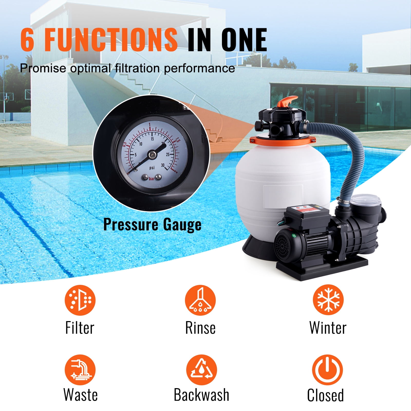 KFFKFF 14" Sand Filter Pump, 3000 GPH with 3/4 HP Pool Pump for Above Ground Pools, 6-Way Multi-Port Valve & Strainer Basket, 110V Swimming Pool Pump with Timing function