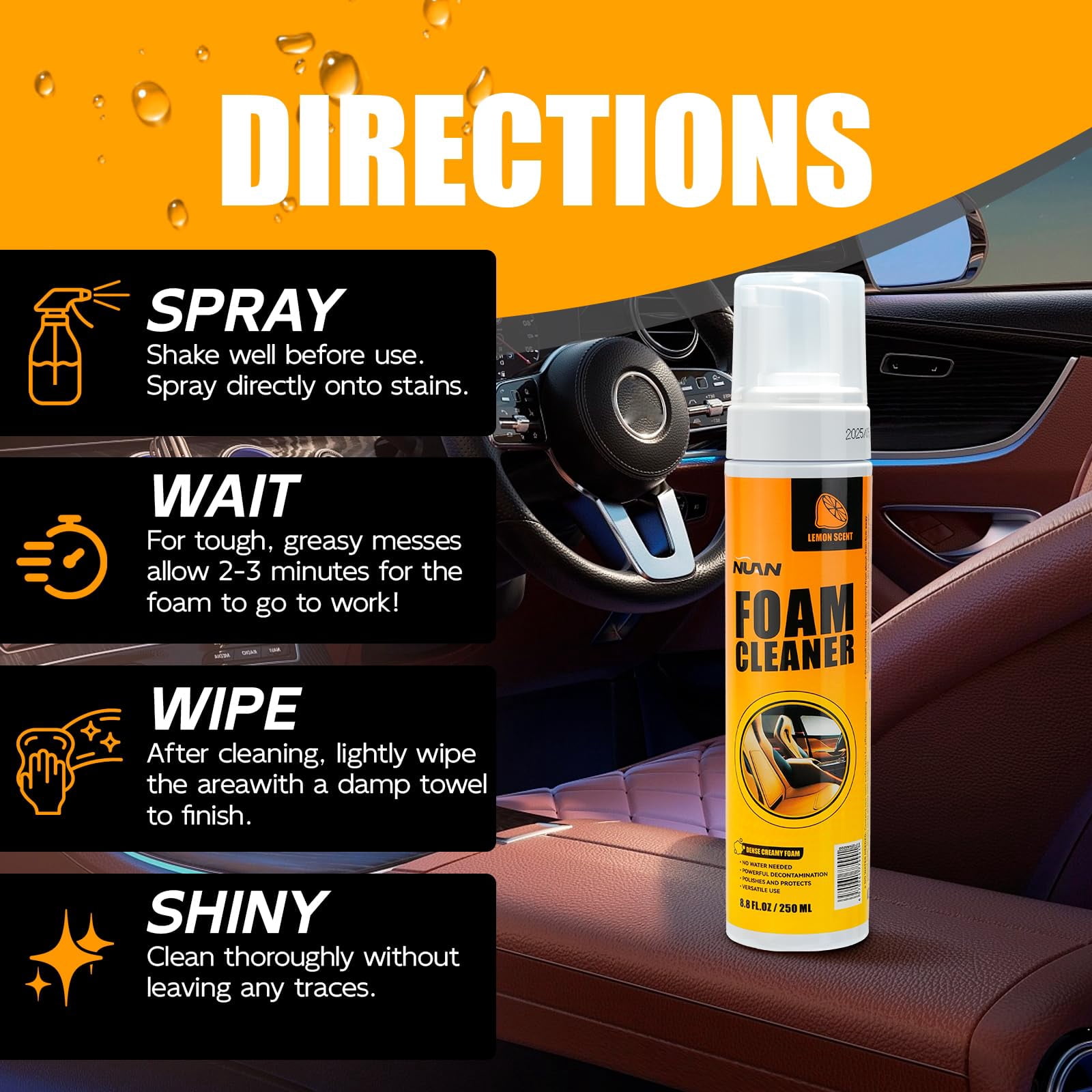 D・Cosmetics SZZD Foam Cleaner for Car, Lemon Scent Car Interior Cleaner, Multi