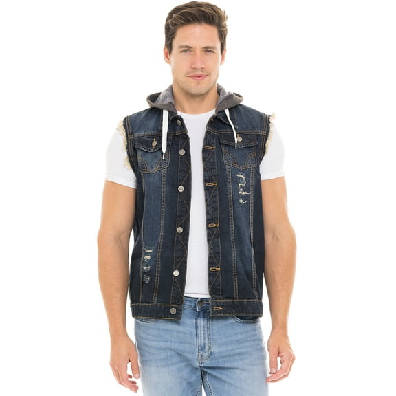SKYLINEWEARS Men Denim Hooded Vest Biker Jean Vest With Hood Sleeveless Trucker Jacket