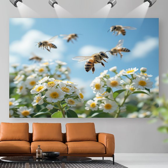 1pc Vibrant Bees and Daisies Tapestry - Polyester Nature-Themed Wall Hanging for Home Decor, Holiday Parties & Studio Props, No Electricity Needed, Horizontal Design, Studio Backdrop | Realistic Bee