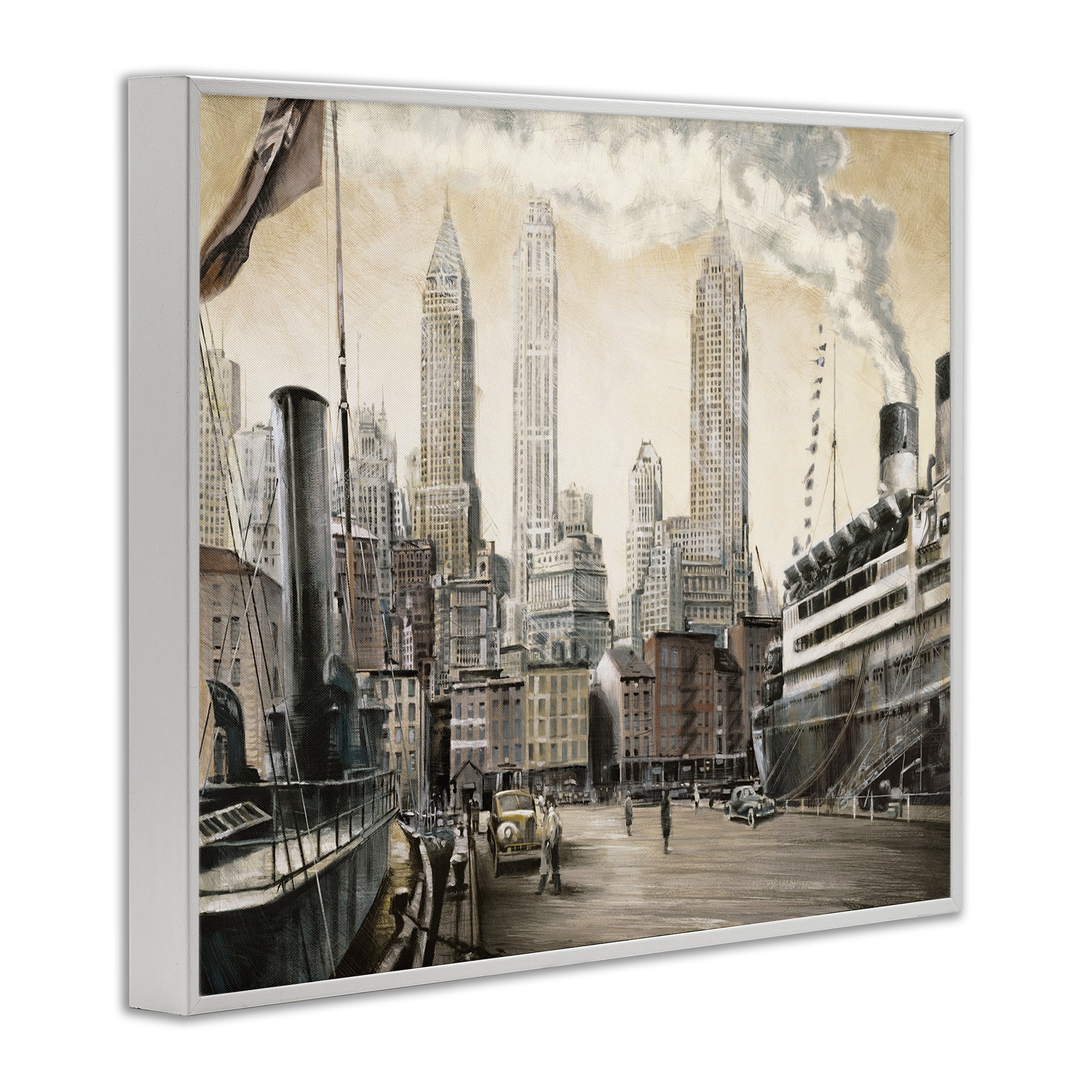 Stupell Industries Urban Boat Harbour Scenery Painting White Framed Art Print Wall Art, 20 x 16