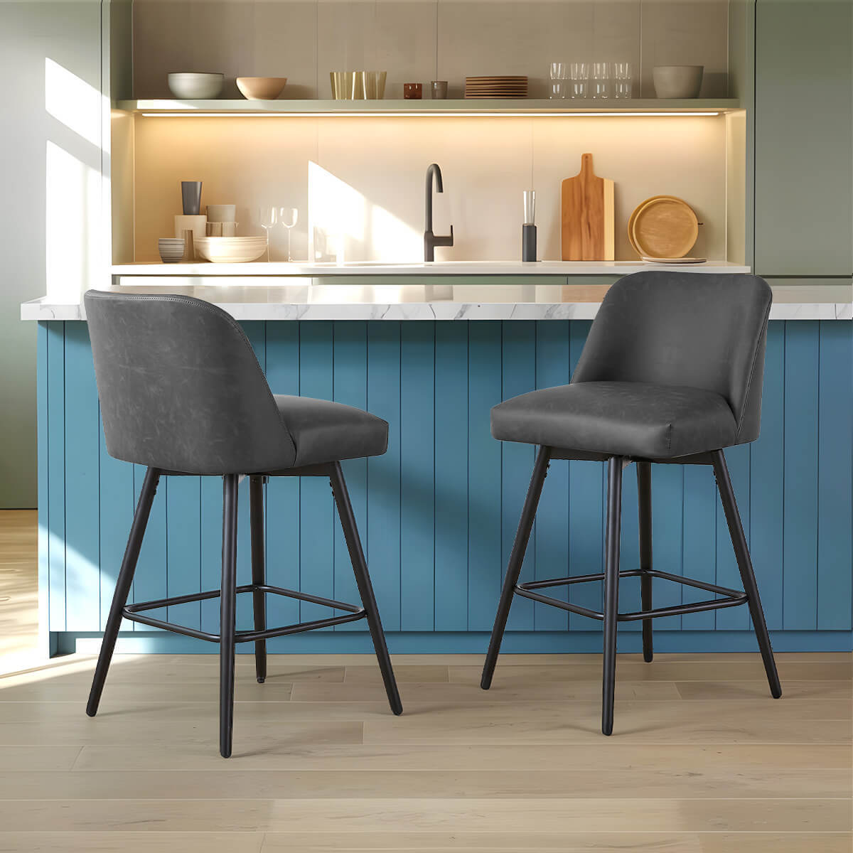 L'AGRATY Modern Bar Stools Set of 2, 26" High-Back Counter Stools, Faux Leather Upholstery, for Kitchen Island, Home Bar, Grey