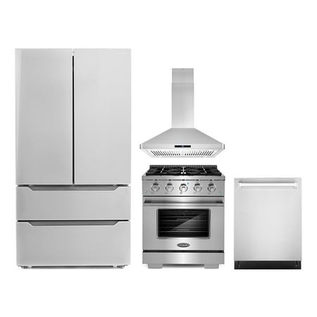 Cosmo 4 Piece Kitchen Appliance Packages with 30  Freestanding Gas Range 30  Island Range Hood 24  Built-in Integrated Dishwasher &amp; French Door Refrigerator Kitchen Appliance Bundles