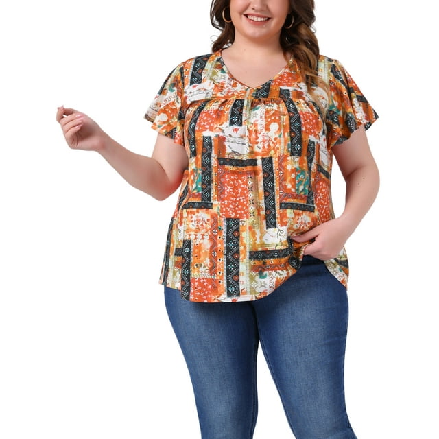 Blusa casual de verano para mujer de tallas grandes Agnes Orinda, con estampado floral, volantes, plisado, escote en V y mangas cortas, 4X naranja