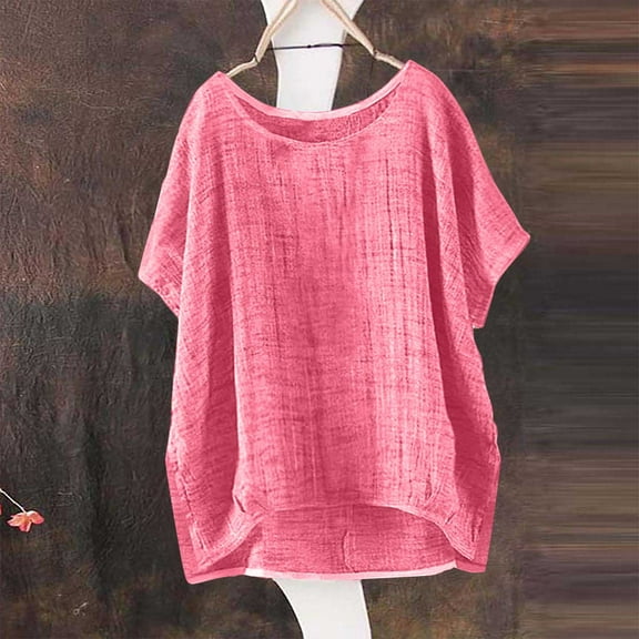 Womens Tops Women's Summer Short Sleeve Solid Casual Loose Linen Top Hot Pink